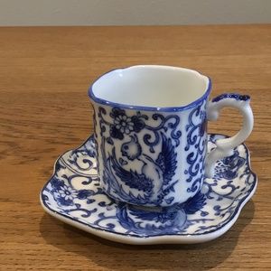 TAKAHASHI TEA CUP & SAUCER San Francisco Hand Painted Blue White Phoenix Porcela